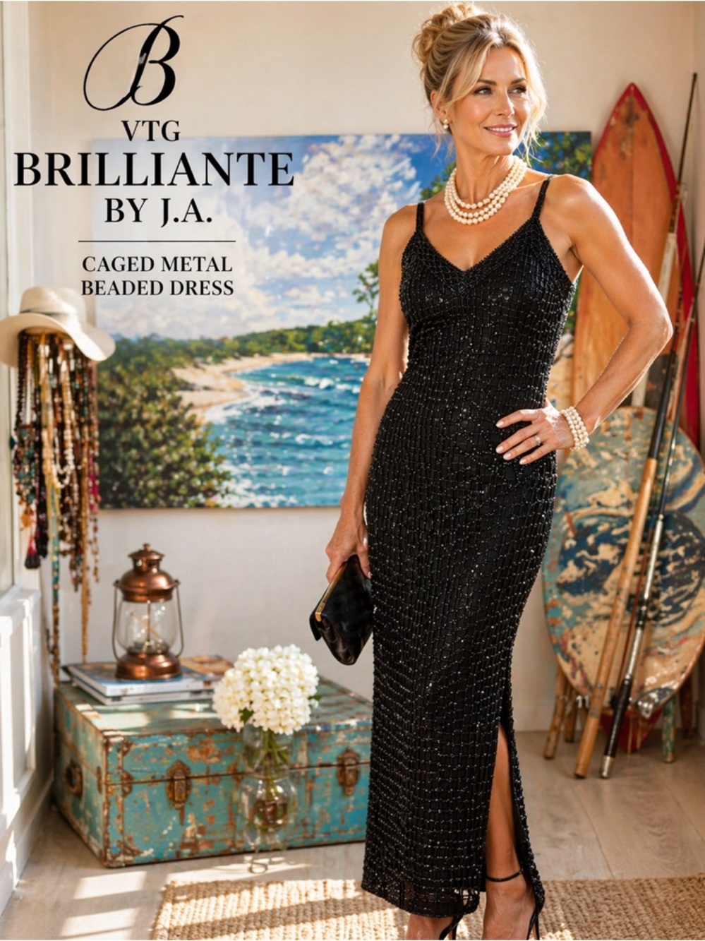 VTG Brilliante by JA, Caged Beaded Gown Silk Evening Cocktail Slit Dress Size M